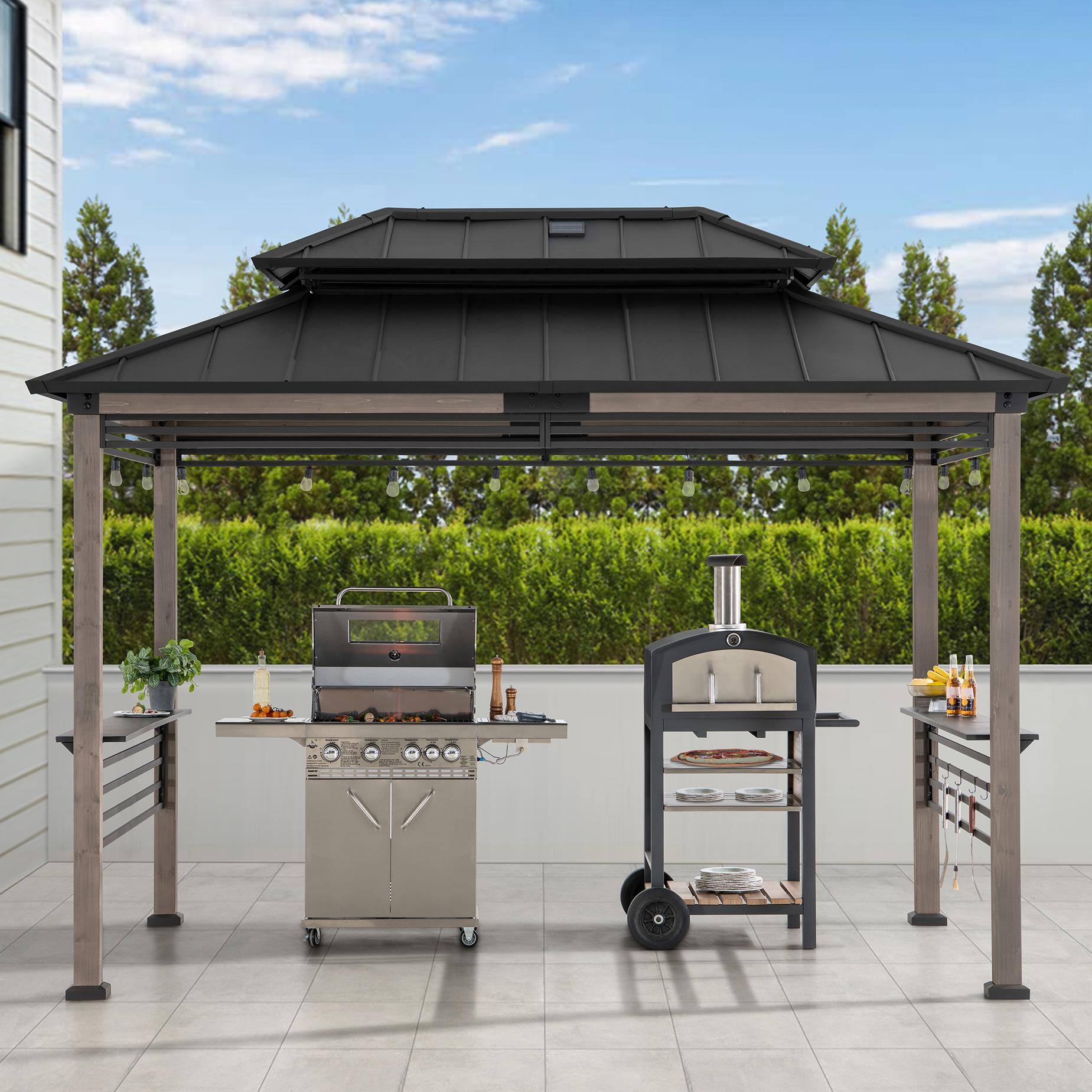 Angle. SUNJOY - SUNJOY 8x12 ft Extra-Tall Cedar Grill Gazebo with Larger Ventilated Roof, Solar Panel, & Shelves, Black - Aspen Cedar+DC Solar Power+Black.