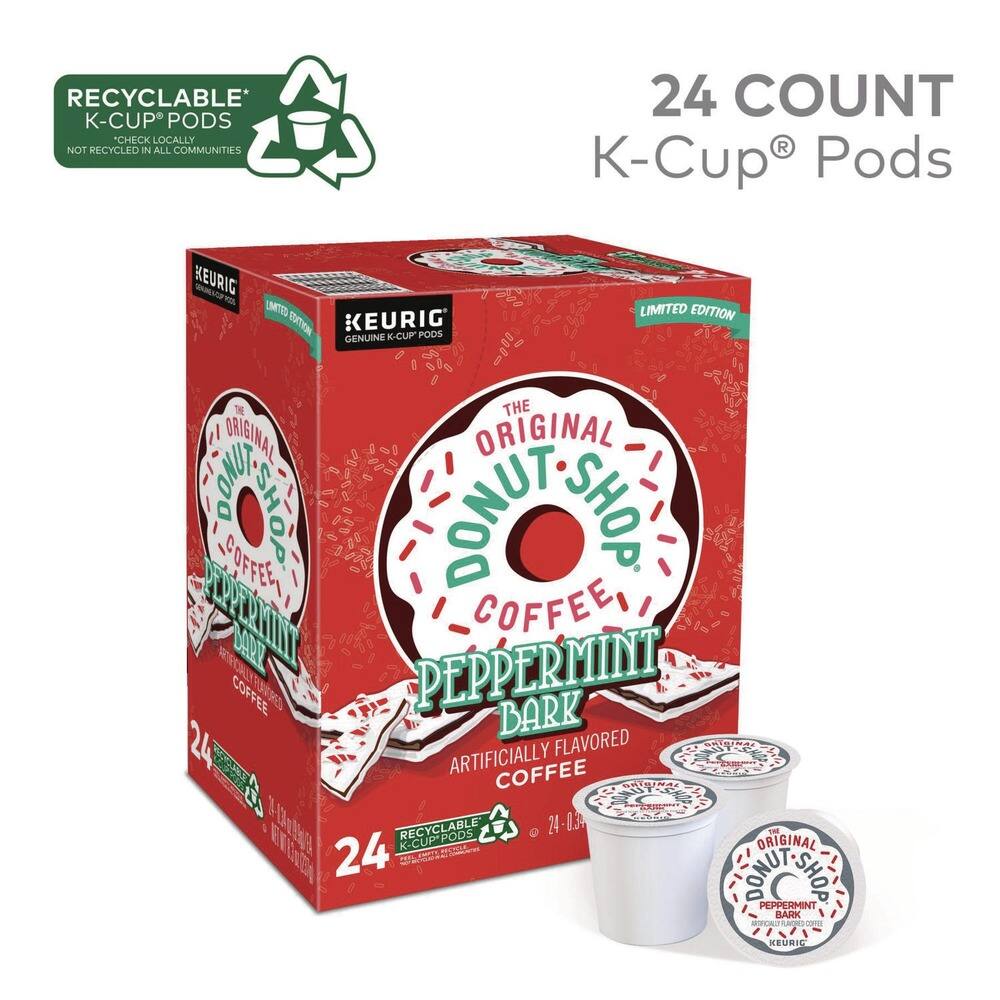 RECYCLABLE K-CUP PODS  
CHECK LOCALLY NOT RECYCLED IN ALL COMMUNITIES  

24 COUNT K-Cup® Pods  

KEURIG  
GENUINE K-CUP PODS  

THE ORIGINAL DONUT SHOP  
PEPPERMINT BARK  
ARTIFICIALLY FLAVORED COFFEE  

LIMITED EDITION  

24 - 0.30 oz  

RECYCLABLE K-CUP PODS  

THE ORIGINAL DONUT SHOP  
PEPPERMINT BARK  
ARTIFICIALLY FLAVORED COFFEE