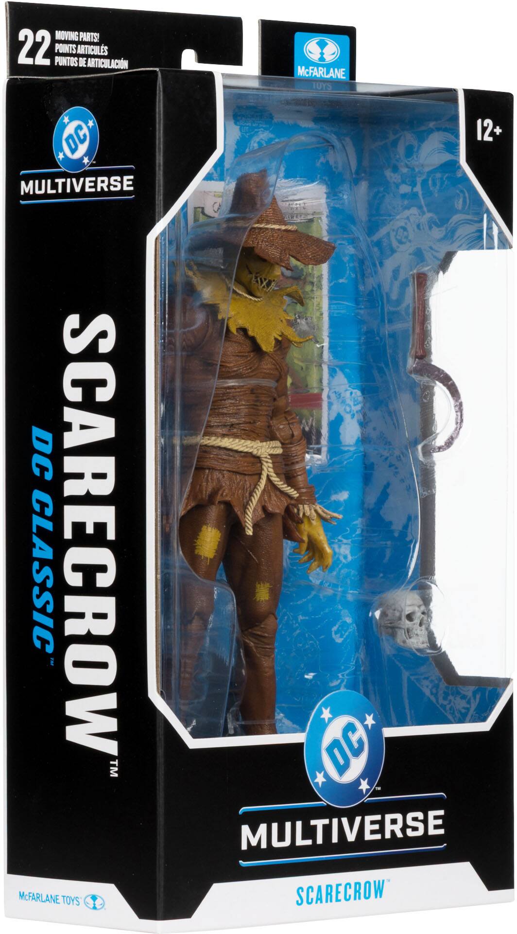 Sure, here is the corrected and grouped text from the image:

---

**DC MULTIVERSE**  
**DC CLASSIC**  
**SCARECROW™**  

**22 MOVING PARTS!**  
**22 PUNTOS ARTICULADOS**  
**22 POINTS OF ARTICULATION**  

**McFARLANE TOYS**  

**12+**  

**SCARECROW™**  

**DC MULTIVERSE**  

**McFARLANE TOYS**  

---