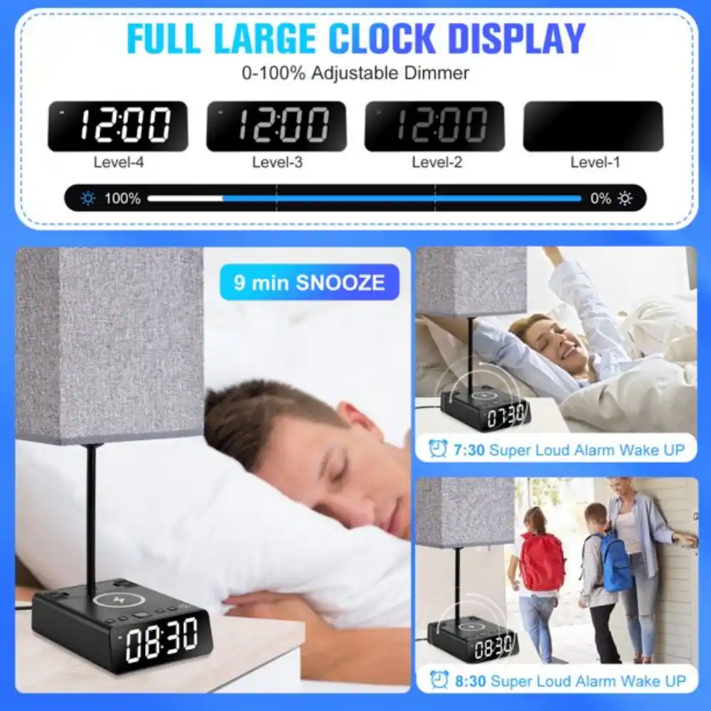 FULL LARGE CLOCK DISPLAY, 0-100% Adjustable Dimmer, 12:00, 12:00, 12:00, Level-4, Level-3, Level-2, Level-1, 100%, 0%, 9 min SNOOZE, 07:30, 7:30 Super Loud Alarm Wake UP, 08:30, 08:30, 8:30 Super Loud Alarm Wake UP