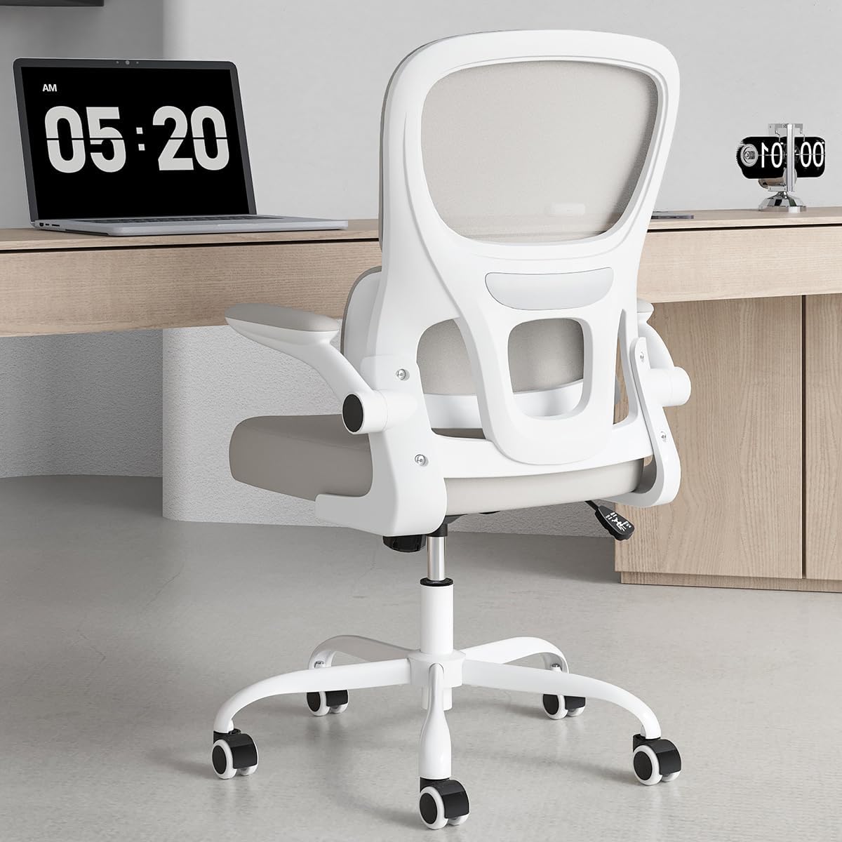 PexFix - Ergonomic Office Chair with Flip-Up Arms, Tailored Lumbar Support & 120° Rocking, 350 lb Capacity - White+Khaki