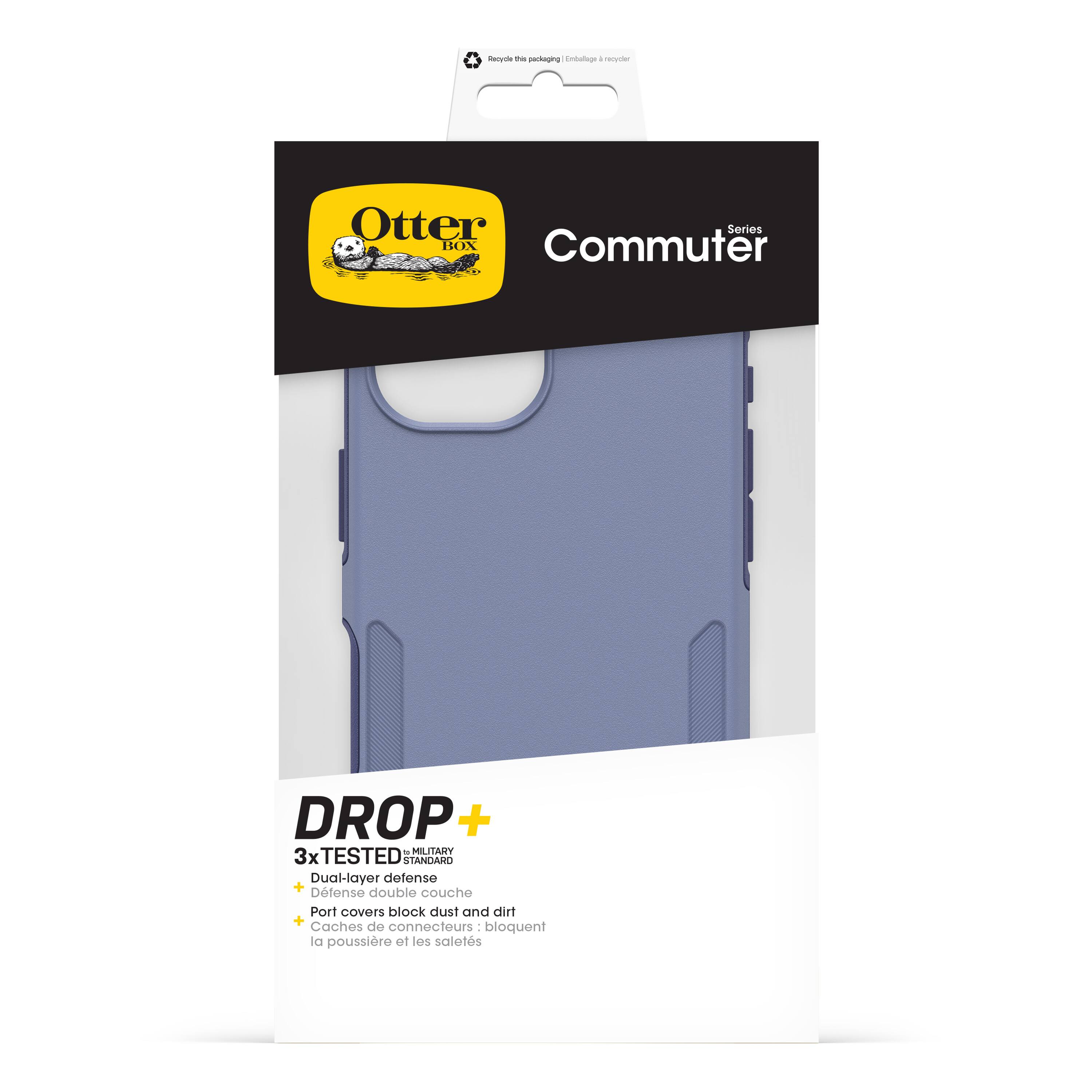 The text on the image reads: "Otter Series BOX Commuter DROP + - 3x TESTED STANDARD Dual-layer defense + Port covers block dust and dirt + Catches de connecteurs bloquent la poussière et les salets."