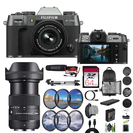 FUJIFILM X-T50 ASPHERICAL FUJINON LENS PZ 052 052 SUPER PZ OIS SUPER EBC EBC MC & 95-5E-1 O 15-45mm AL RODE SP XC 64GB GB oM 1 7 24 28 35 50 I 8-50mm 1:2.8 DC ON 055 - SIGMA 18-50mm 1:2.8 DC DN 055