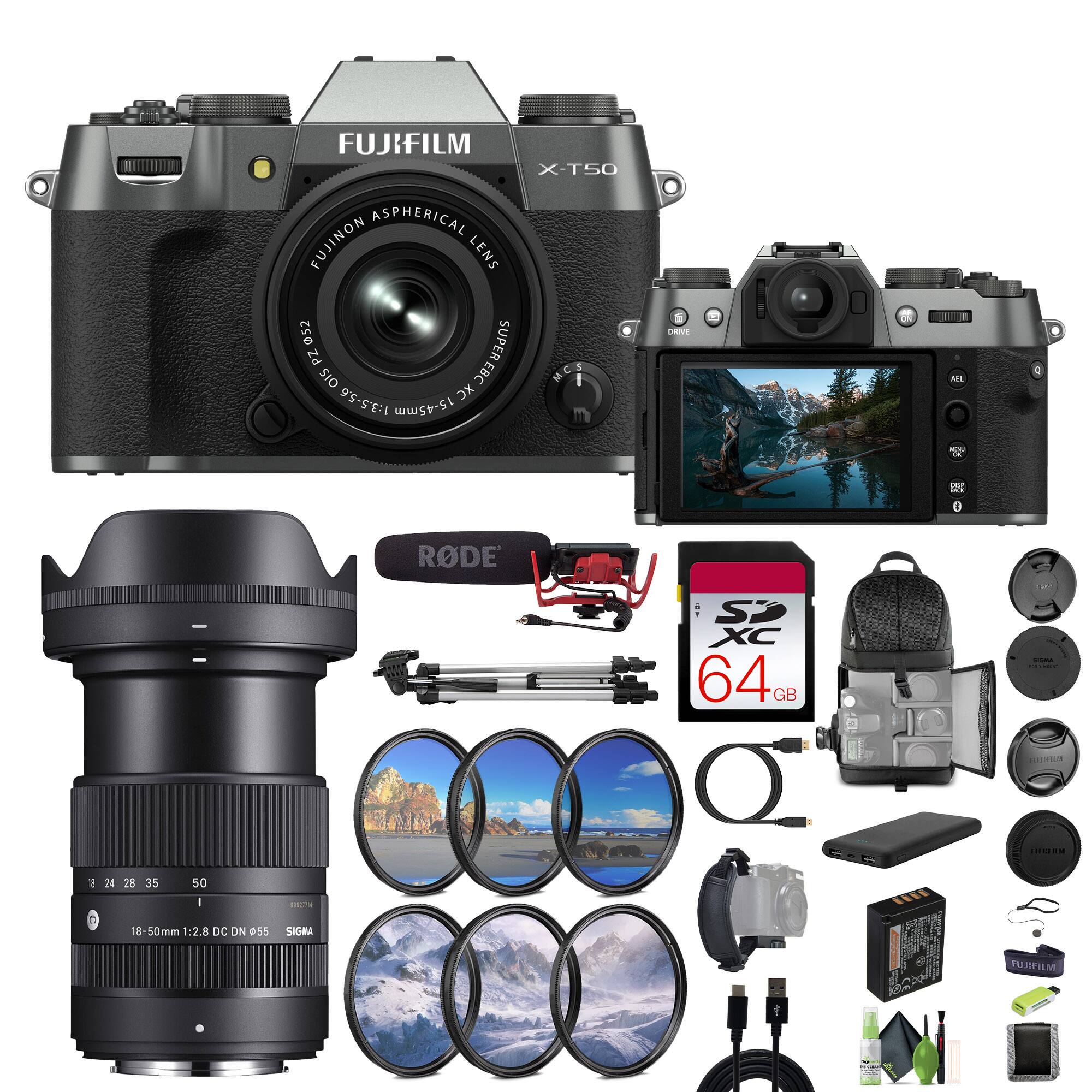 FUJIFILM X-T50 ASPHERICAL FUJINON LENS PZ 052 052 SUPER PZ OIS SUPER EBC EBC MC & 95-5E-1 O 15-45mm AL RODE SP XC 64GB GB oM 1 7 24 28 35 50 I 8-50mm 1:2.8 DC ON 055 - SIGMA 18-50mm 1:2.8 DC DN 055