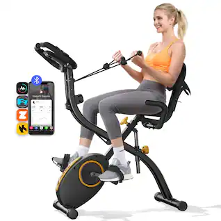 MERACH - 4-in-1 Exercise Bike Quiet Folding Magnetic Upright Bikes with Arm Resistance Bands Home Workout Use,16 Levels - Orange