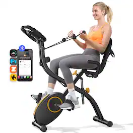 MERACH - 4-in-1 Exercise Bike Quiet Folding Magnetic Upright Bikes with Arm Resistance Bands Home Workout Use,16 Levels - Orange