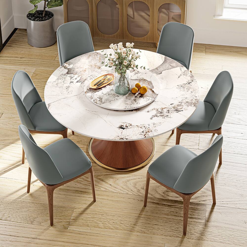 Front. POVISON - 53" Modern Round Dining Table with Lazy Susan for 4, Glossy Sintered Stone Table for Kitchen Walnut Solid Wood Base - Pandora.