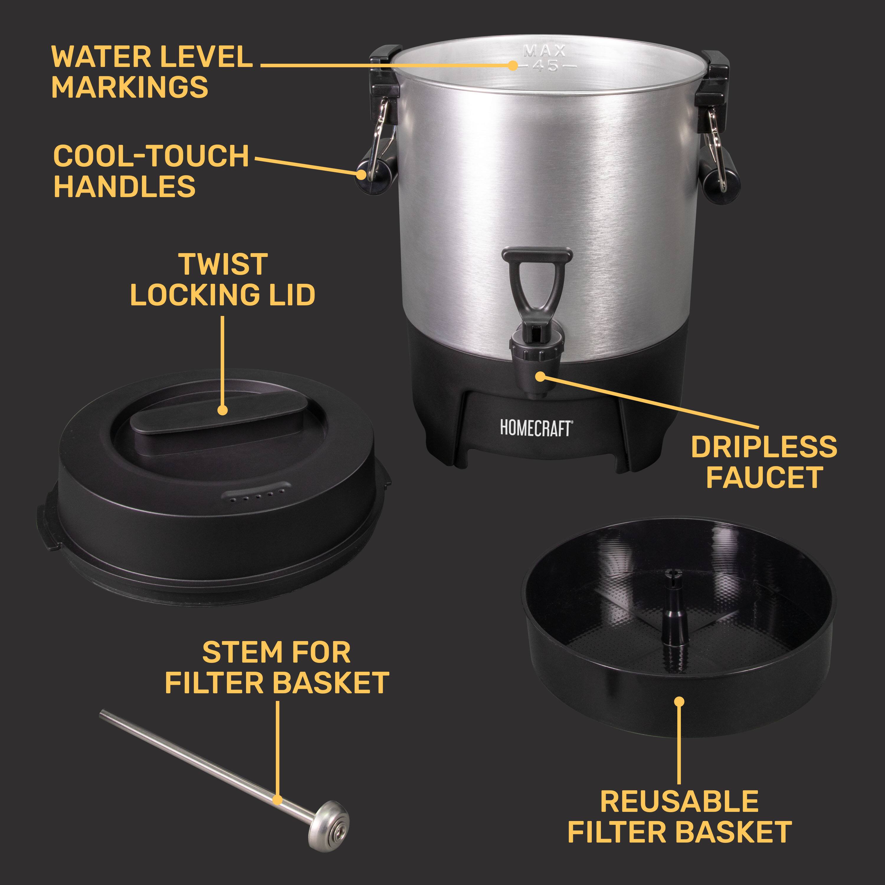 - WATER LEVEL MARKINGS
- COOL-TOUCH HANDLES
- TWIST LOCKING LID
- HOMECRAFT
- DRIPLESS FAUCET
- STEM FOR FILTER BASKET
- REUSABLE FILTER BASKET