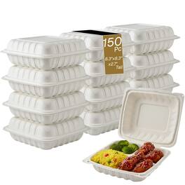 Eco Harmony Products - Clamshell (MFPP) Hinged Container (Corner Lock), 3-compartment, 8.3" x 8.3", 150-Pack - White
