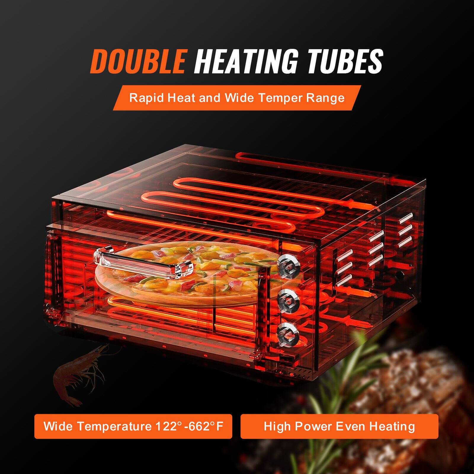 DOUBLE HEATING TUBES  
Rapid Heat and Wide Temper Range  

Wide Temperature 122° - 662°F  
High Power Even Heating