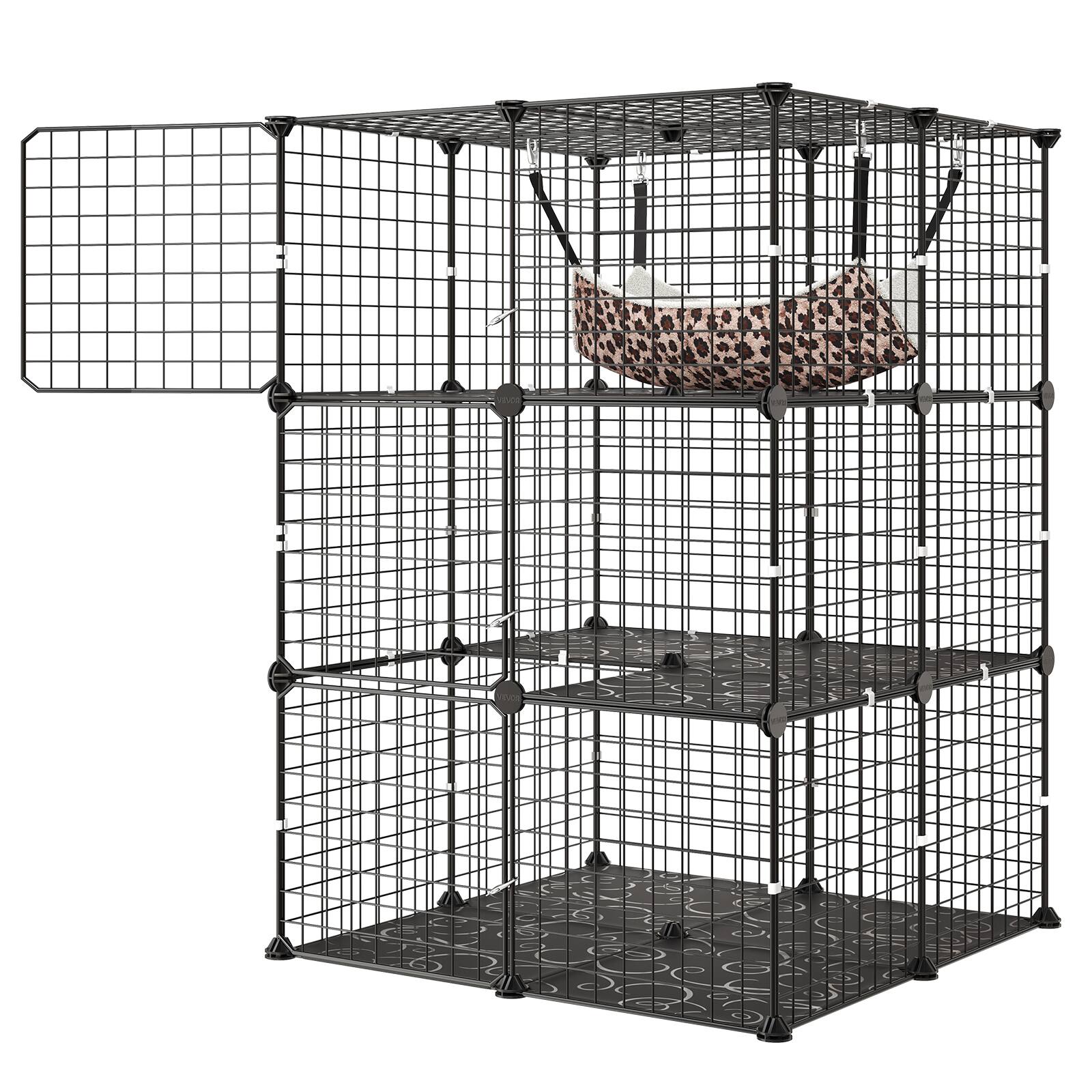 Alt View 5. VEVOR - Cat Cage 3-Tier 27.99"x27.99"x40.98" DIY Cat Playpen with Hammock, Indoor Enclosure Detachable Metal Wire Kennel Crate - Black.