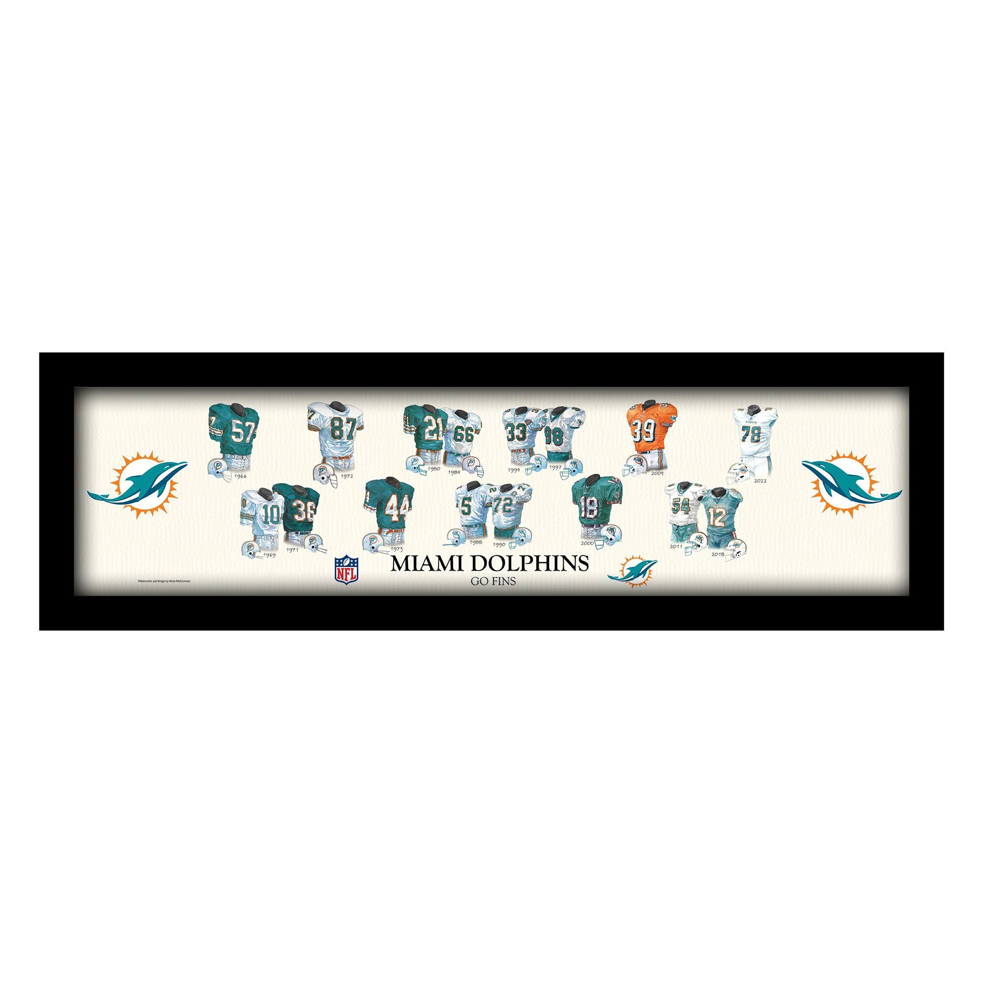 Miami Dolphins 12" x 36" Team Uniform Heritage Framed Wall Art
