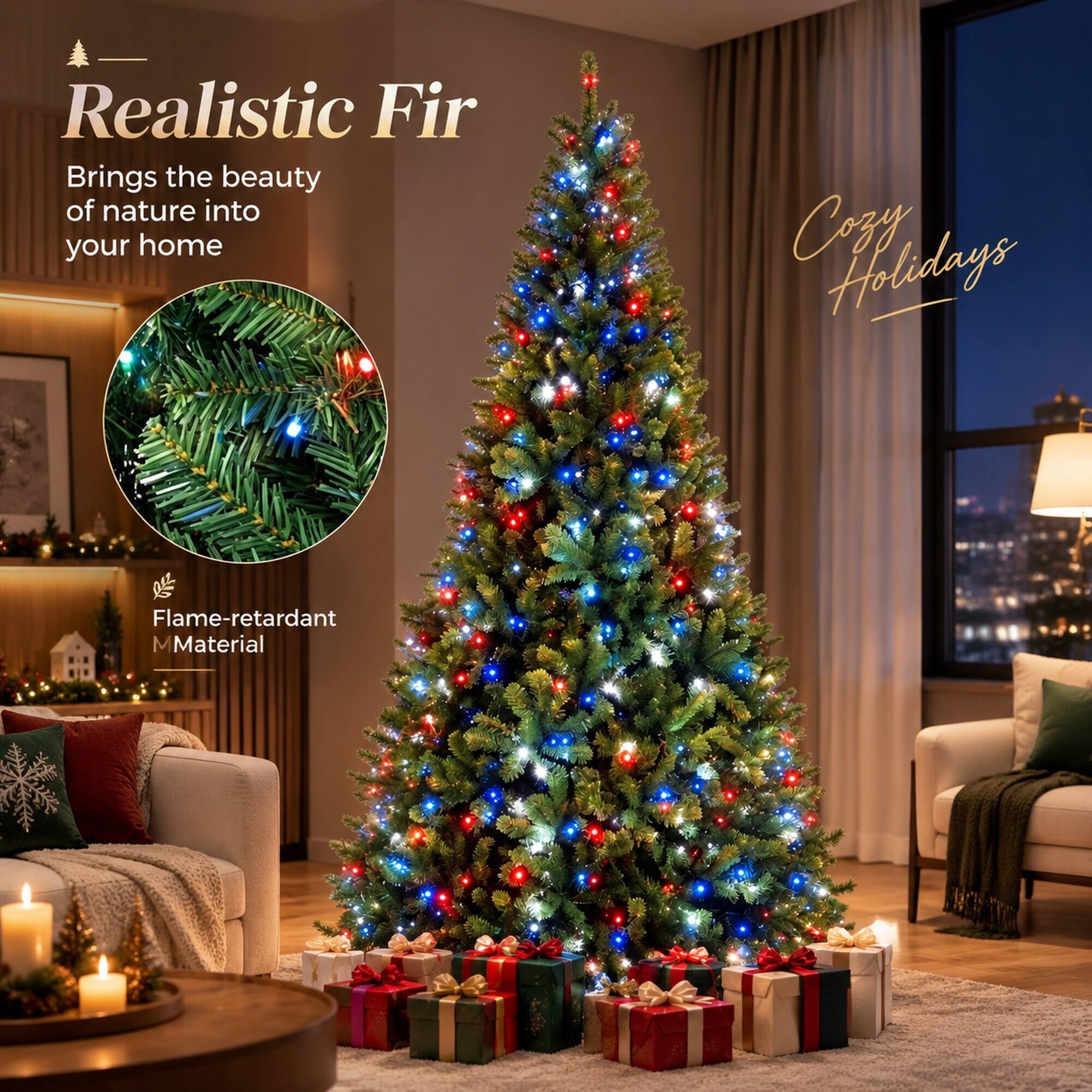Realistic Fir  
Brings the beauty of nature into your home  

Cozy Holidays  

Flame-retardant Material