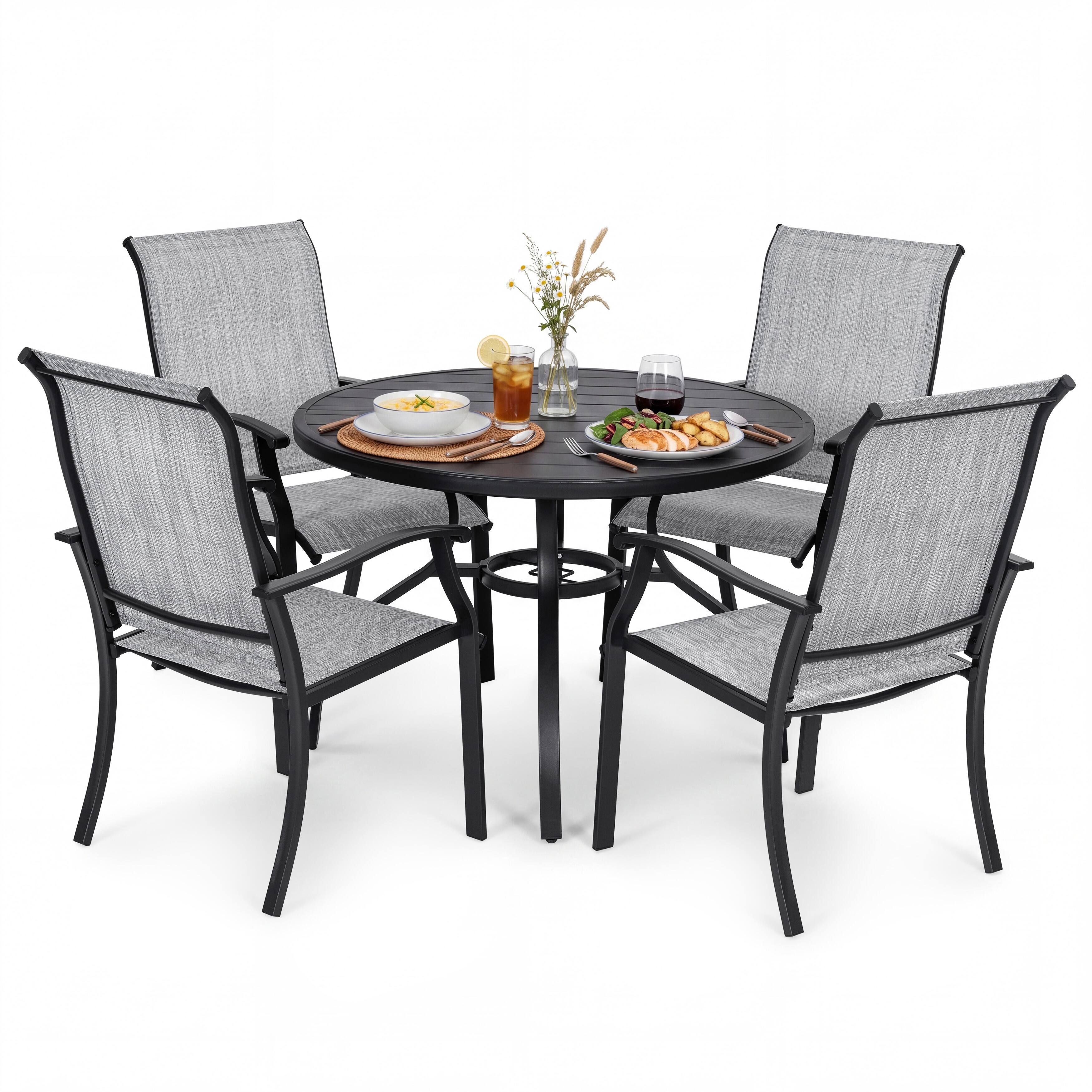 Alt View 6. Nuu Garden - 5-Piece Patio Textilene Dining Set with Umbrella Hole, Powder Coating - Black and Gray.