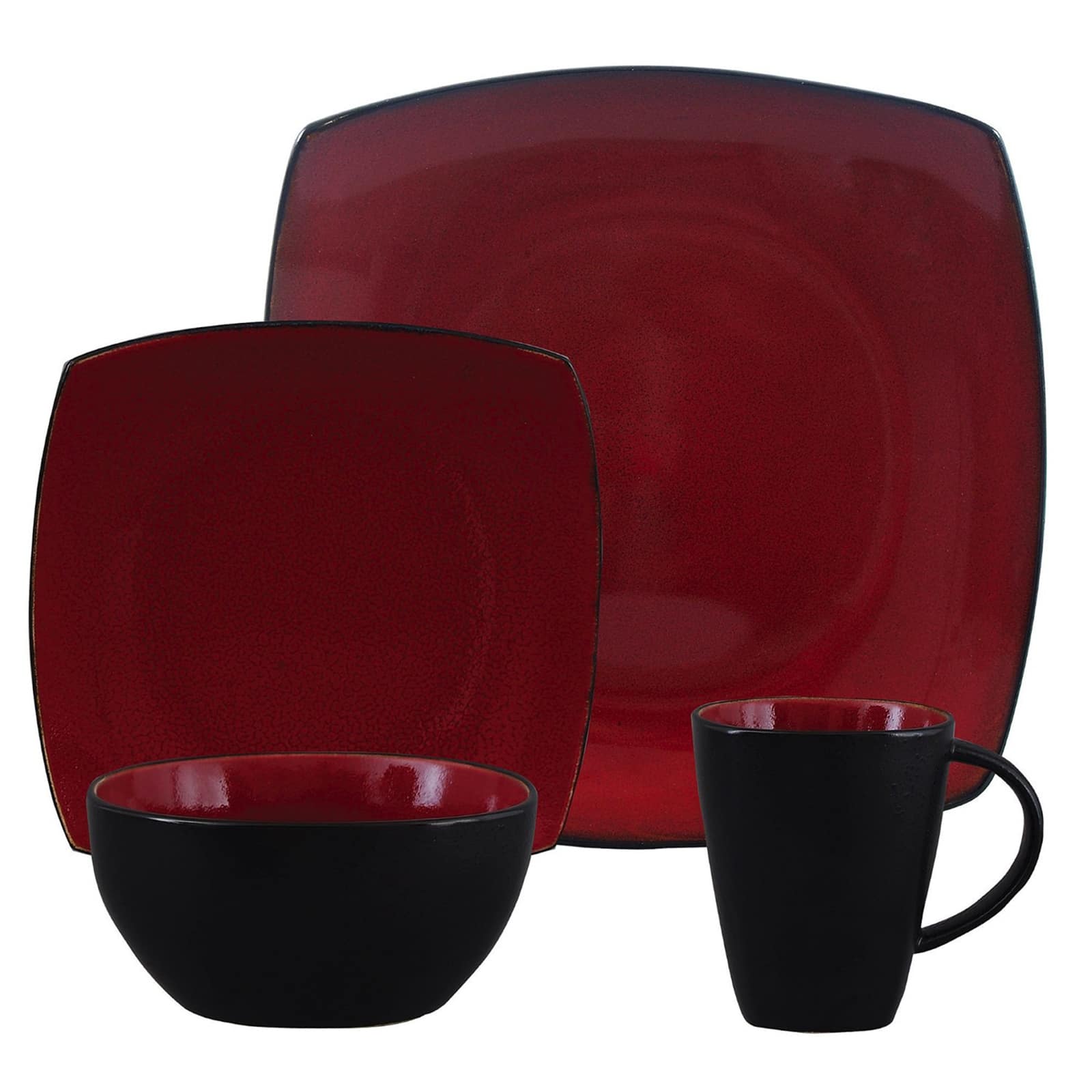 Front. Gibson - Gibson Soho Lounge 16 Piece Square Stoneware Dinnerware Set in Red and Black - Red.