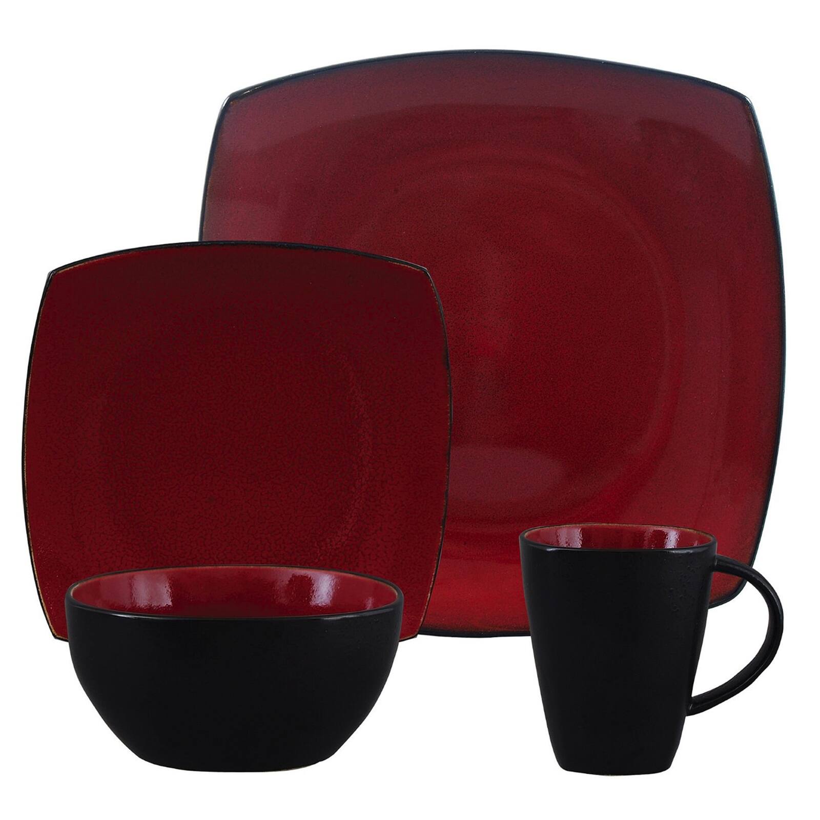 Gibson - Soho Lounge 16 Piece Square Stoneware Dinnerware Set and Black - Red