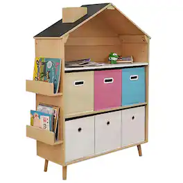 Malletson - House-Shaped Children's Storage Rack / Toy Storage Organizer With Bookself and Fabric Bins for Kids' Rooms, Playrooms - Multicolor