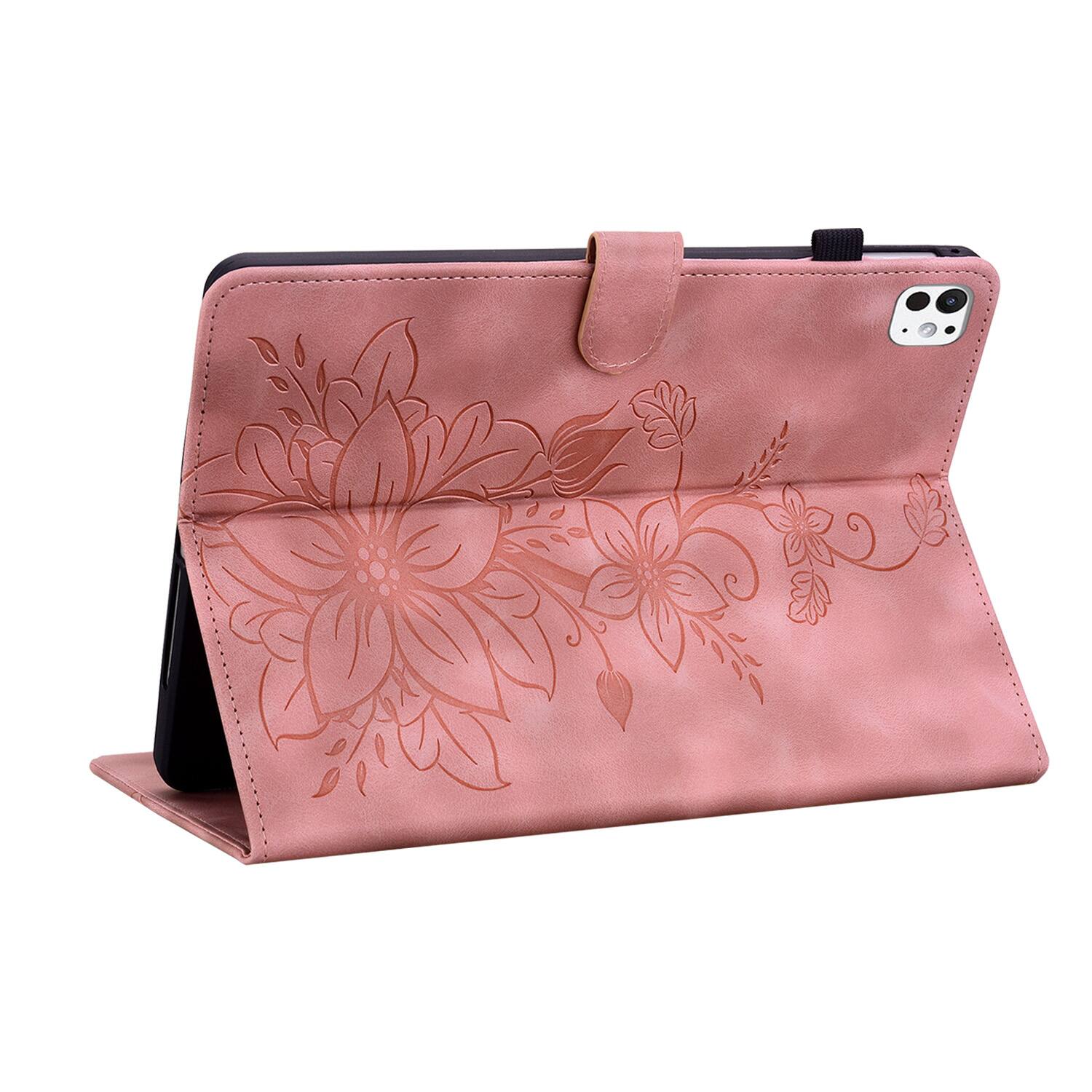 Left. Dteck - Foilo Case for Apple iPad Pro (M5) 11" 2025 & (M4) 2024,Embossed Pattern PU Leather Flip Card Holder Kickstand Cover - Pink.