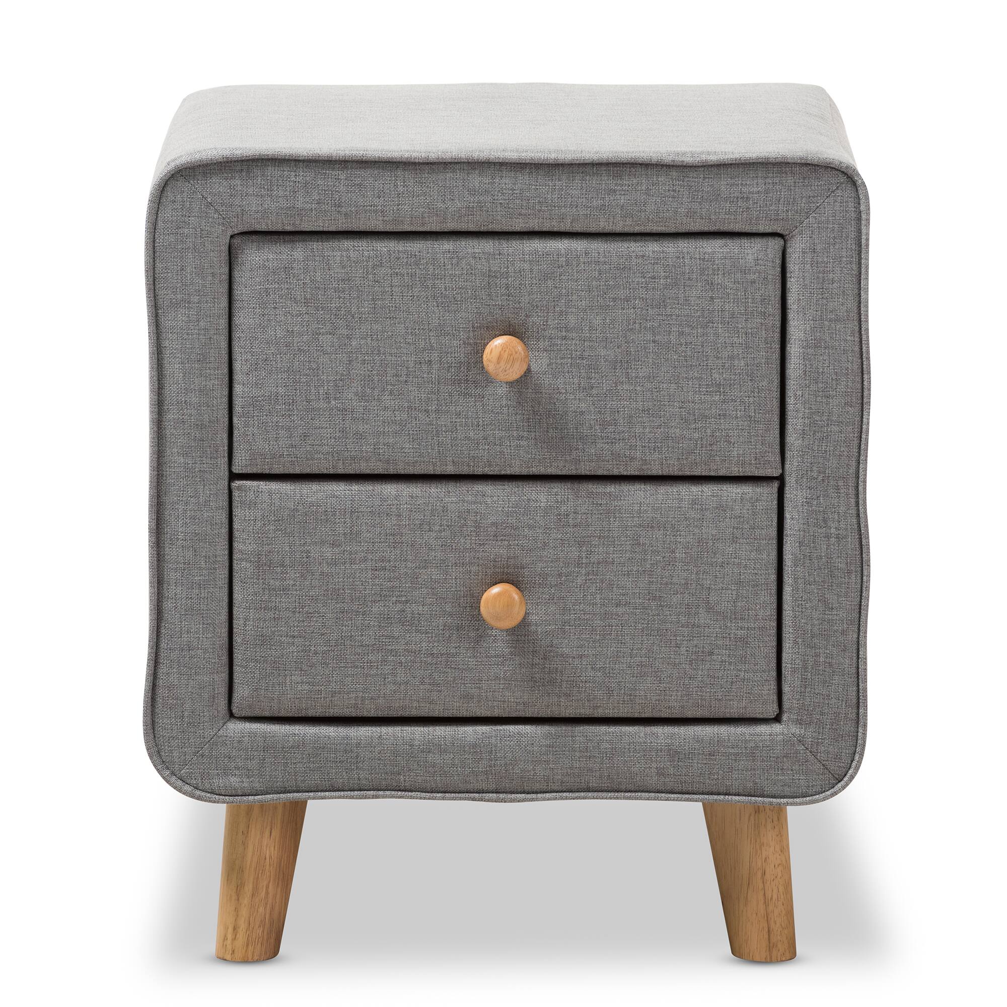 Angle. Baxton Studio - Jonesy Mid-Century Fabric Upholstered 2-Drawer Nightstand - Grey.