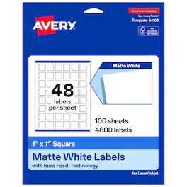 Avery - Avery® Matte Square Labels, 1" x 1", 4,800 Labels - White