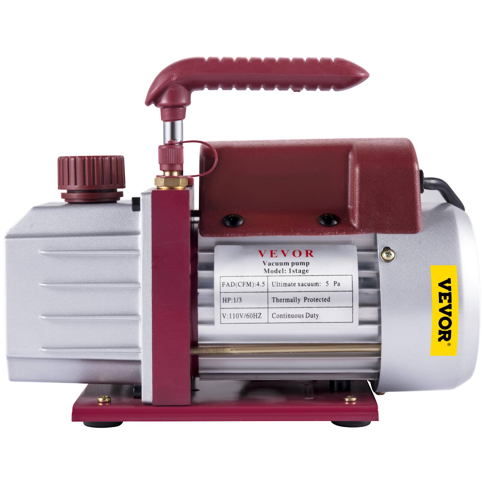 VEVOR Vacuum pump  
Model: Istage  
FAD(CFM): 4.5  
Ultimate vacuum: 5 Pa  
HP: 1/3  
Thermally Protected  
V: 110V/60HZ  
Continuous Duty