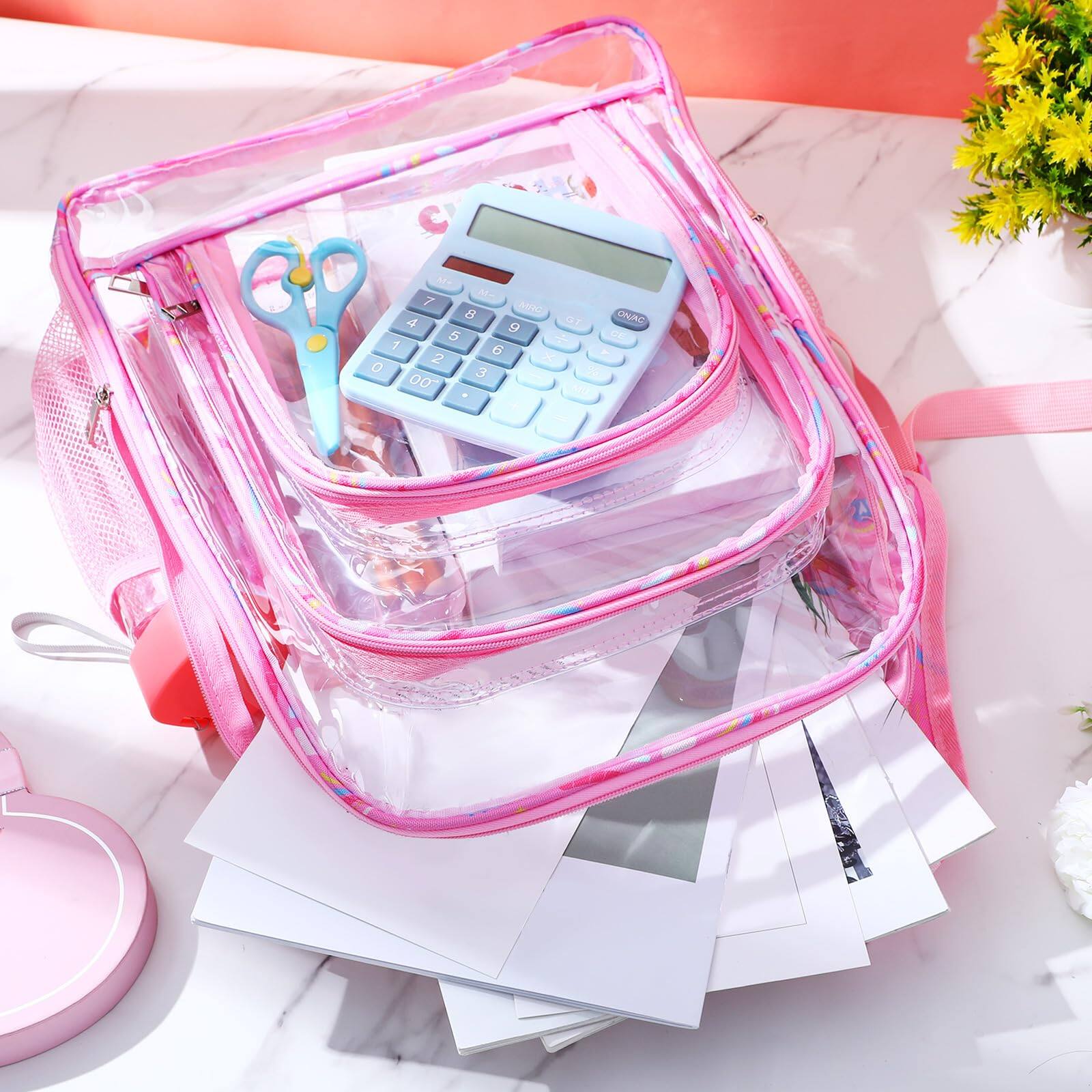 Alt View 2. Cozy Serene - 3 Clear To School Backpack For Girlslunch Bag Heavy Duty Transparent Rainbow Pink Bookbags With Lunch Box Pencil Case - Default.