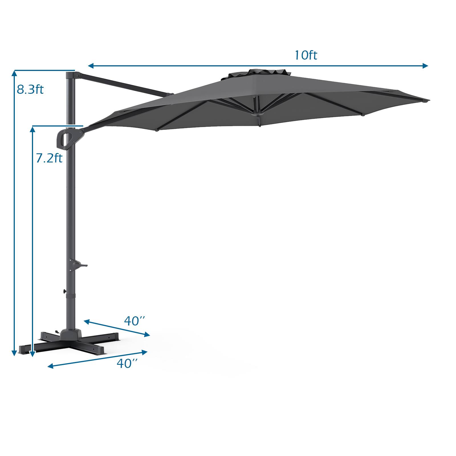 10ft, 8.3ft, 7.2ft, 40", 40"