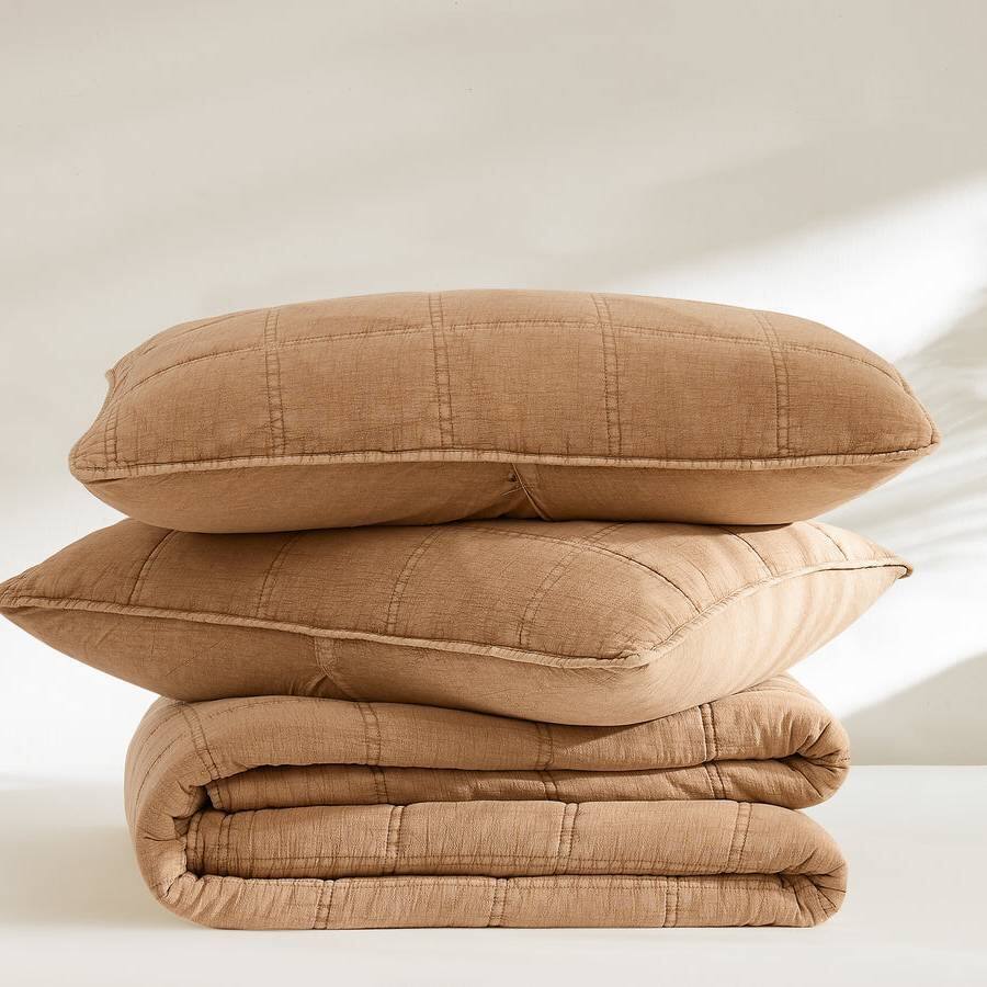 Back. Hivvago - Full/Queen Size 3-Piece Taupe Brown Sienna Faded Stone Washed Cotton Quilt Set - Taupe, Brown.