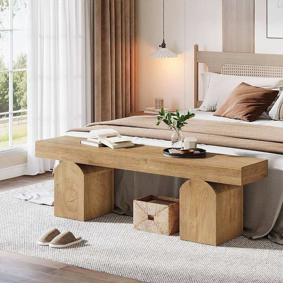 Front. Tribesigns - Office Reception Bench with Engineered Wood Construction, Arched Design, for Office Entryways and Waiting Areas - Light Brown.