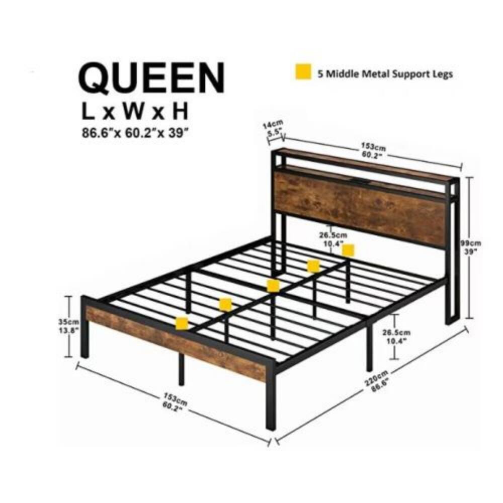 QUEEN  
L x W x H  
86.6" x 60.2" x 39"  

5 Middle Metal Support Legs  

- 14cm (5.5")  
- 153cm (60.2")  
- 26.5cm (10.4")  
- 99cm (39")  
- 35cm (13.8")  
- 26.5cm (10.4")  
- 60.2"  
- 153cm  
- 220cm (86.6")