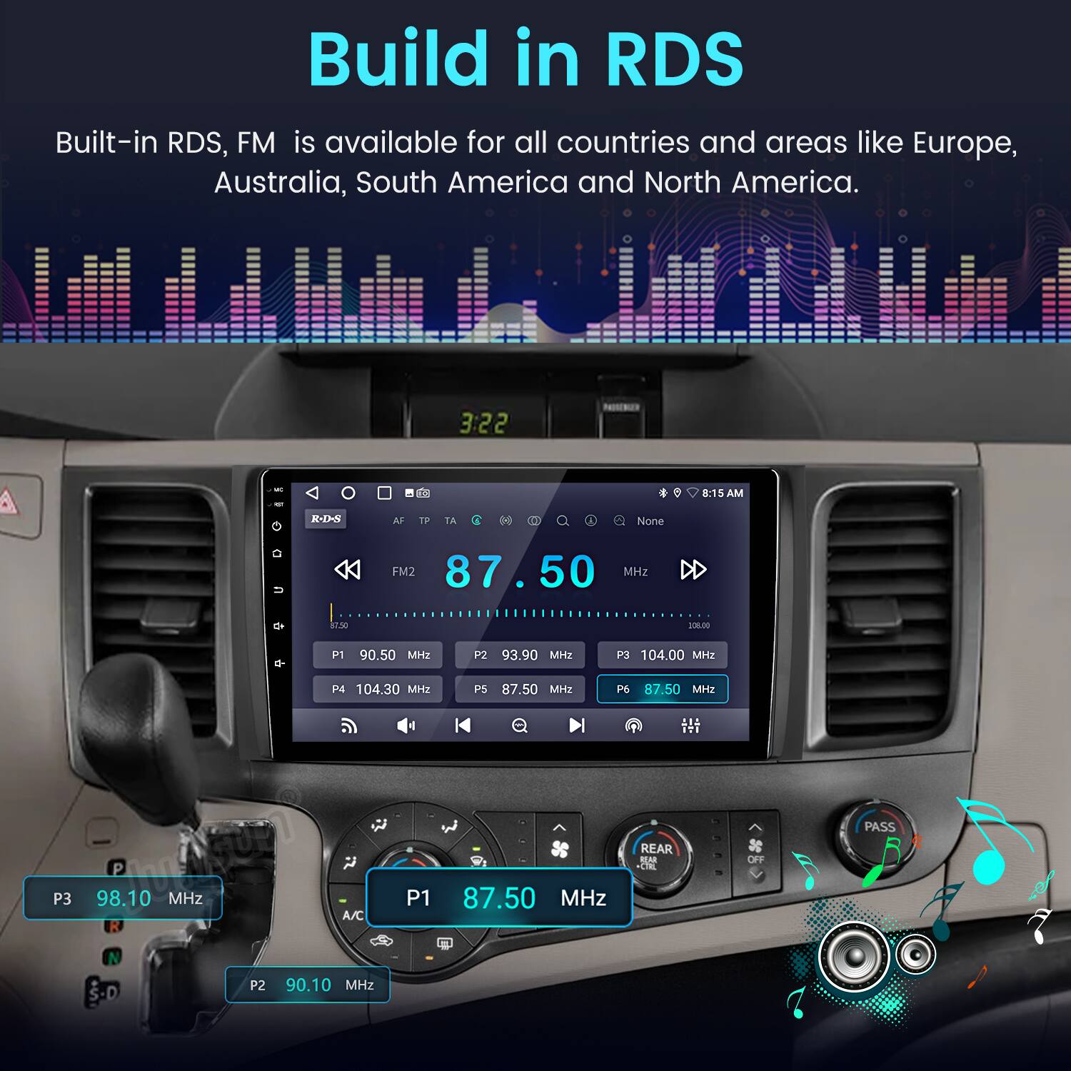 Build in RDS

Built-in RDS, FM is available for all countries and areas like Europe, Australia, South America and North America.