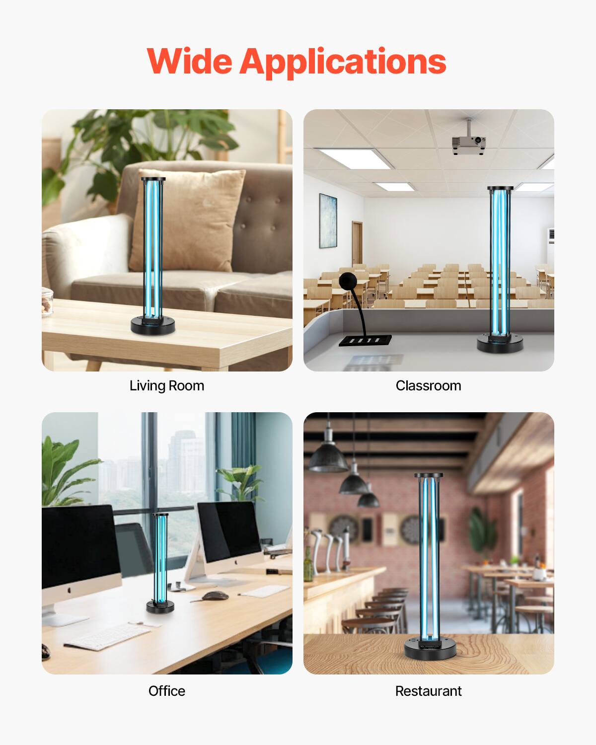 The text in the image is:

"Living Room
Classroom
Office
Restaurant"

The corrected and grouped text is:

"Living Room, Classroom, Office, Restaurant"