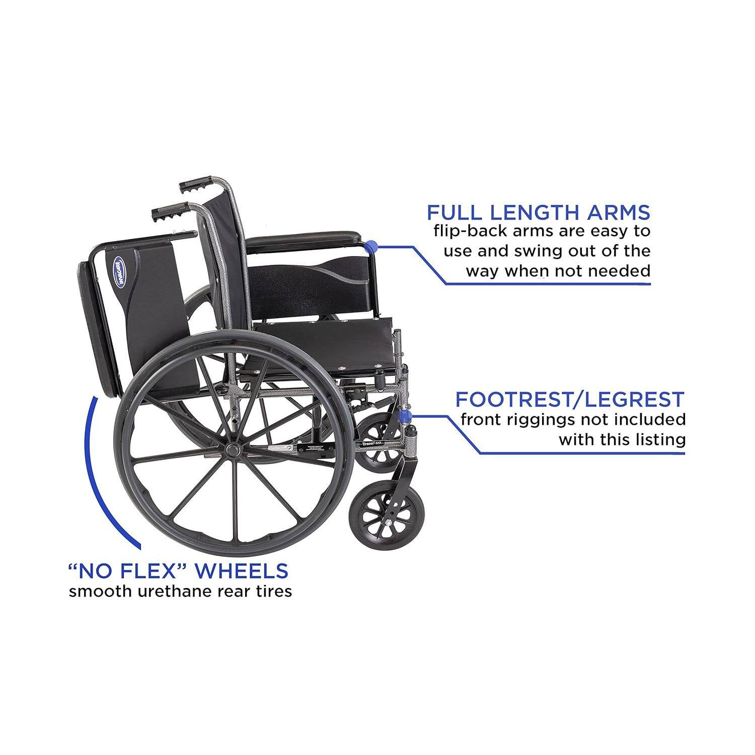 FULL LENGTH ARMS  
flip-back arms are easy to use and swing out of the way when not needed

FOOTREST/LEGREST  
front riggings not included with this listing

"NO FLEX" WHEELS  
smooth urethane rear tires