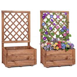 Costway - 2 PCS Tall Wooden Raised Garden Bed with Lattice Trellis for Climbing Vine Flower - Orange