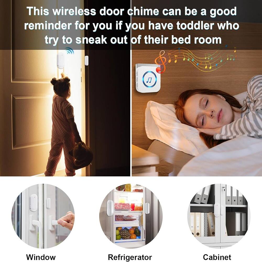 This wireless door chime can be a good reminder for you if you have a toddler who tries to sneak out of their bedroom.

Window  
Refrigerator  
Cabinet