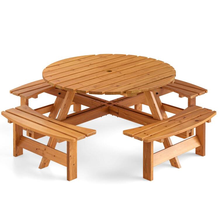Angle. Mondawe - 8-Person Round Picnic Table Set w/ Umbrella Hole, Outdoor Circular Dining Table with Benches for Patio - Yellow.