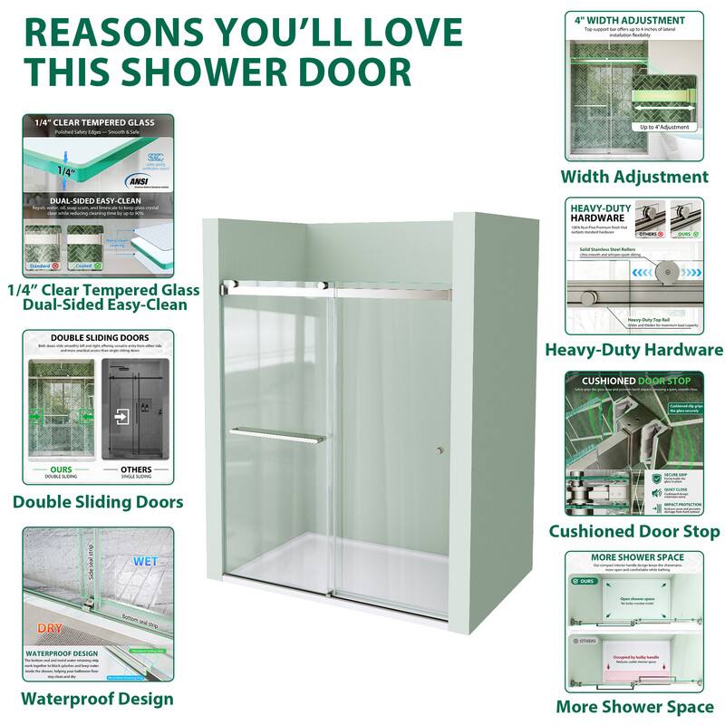 REASONS YOU'LL LOVE THIS SHOWER DOOR

1/4" CLEAR TEMPERED GLASS
DUAL-SIDED EASY-CLEAN

1/4" Clear Tempered Glass Dual-Sided Easy-Clean

DOUBLE SLIDING DOORS
Heavy-Duty Hardware

Width Adjustment

CUSHIONED DOORSTOP

WATERPROOF DESIGN

More Shower Space