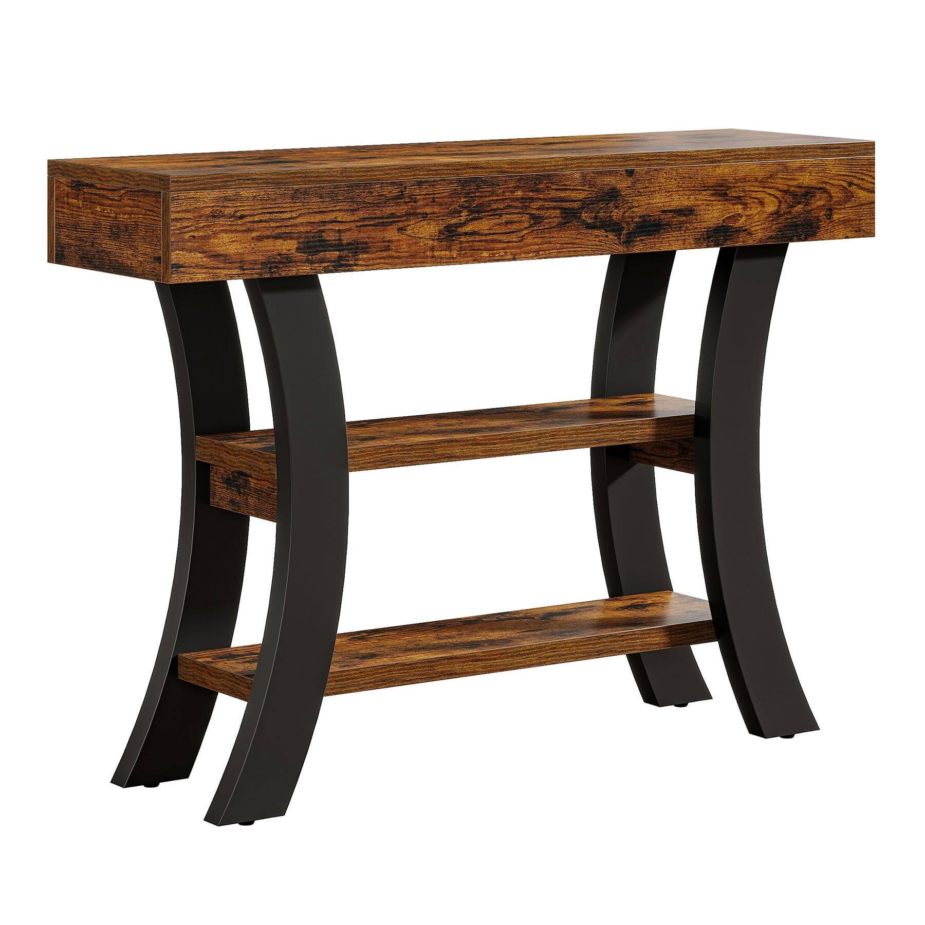 Back. Kadyn - Industrial Console Table - Shelves, Metal Legs, Living Room Side Table, Rustic Sofa Entryway, Storage, Brown - Brown.