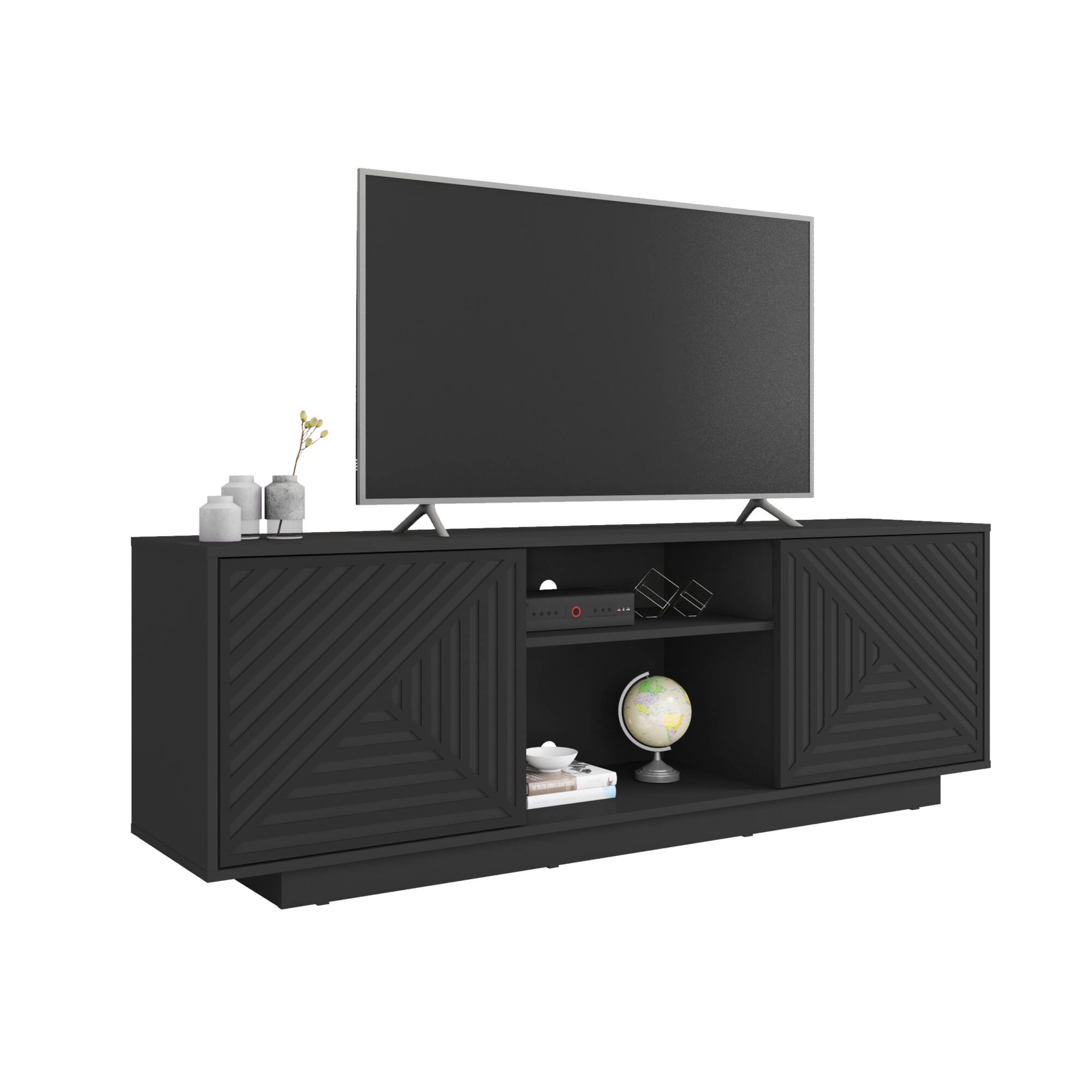 Angle. GOODSILO - Modern TV Stand with Hidden Storage and Open Shelving for Screens Up to 70 Inches - Black.