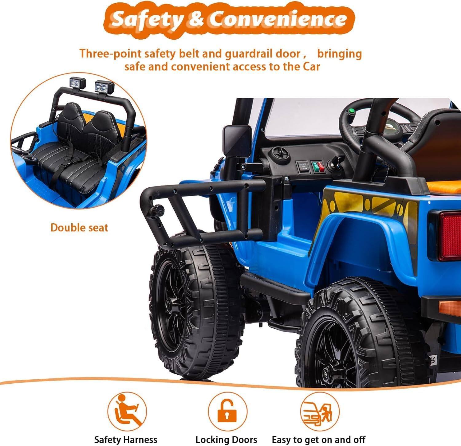 Safety & Convenience

Three-point safety belt and guardrail door, bringing safe and convenient access to the Car

Double seat

Safety Harness
Locking Doors
Easy to get on and off