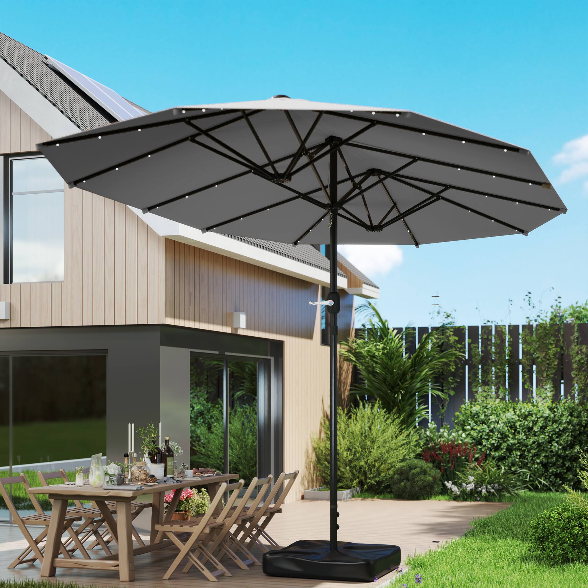 Alt View 4. Outsunny - 14.4ft Double Umbrella, Large Outdoor Patio Umbrella with Base Included, Patio Sun Shade with LED Solar Light - Gray.