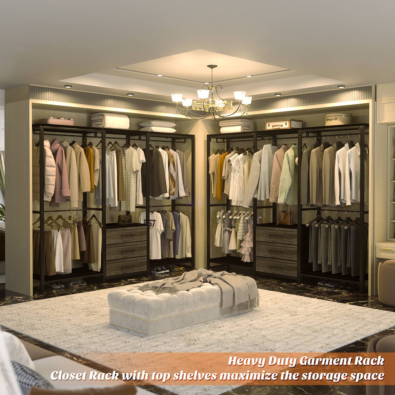 Heavy Duty Garment Rack Closet Rack with top shelves maximize the storage space