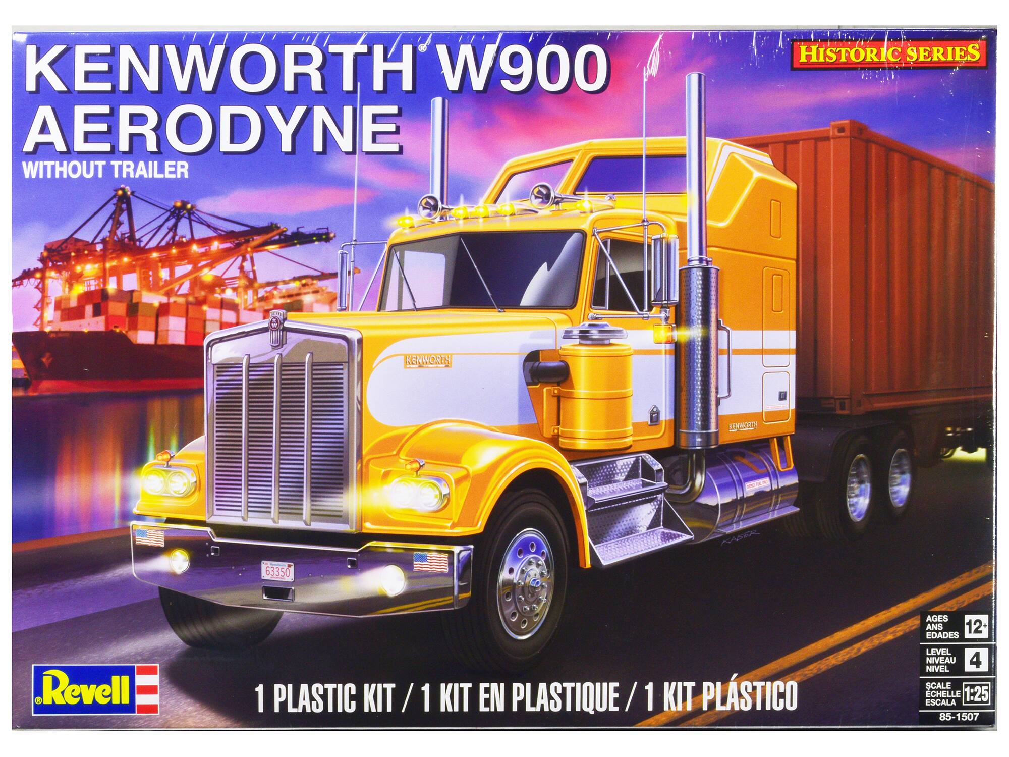 KENWORTH W900 AERODYNE WITHOUT TRAILER  
HISTORIC SERIES  
KENWORTH SN 63350  
AGES 12+ EDAD 12+  
LEVEL 4 NIVEL 4  
SCALE 1:25 ESCALA 1:25  
1 PLASTIC KIT / 1 KIT EN PLASTIQUE / 1 KIT PLÁSTICO  
Revell  
85-1507