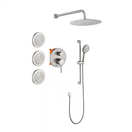 Front. JUJABU - Brushed Nickel Shower System with Shower Head, Slide Bar, Bodysprays, Shower Arm, Hose, Valve Trim, and Lever Handles - Brushed Nickel.