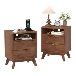 GARVEE - 2pcs Modern Fluted Nightstand with USB Charging Station & Outlets, Wood Bedside Table with 2 Drawers - Walnut
