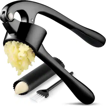 Front. Zulay Kitchen - Zulay Kitchen Large Premium Garlic Press Set - Bigger Bowl for Bigger Garlic - Black.