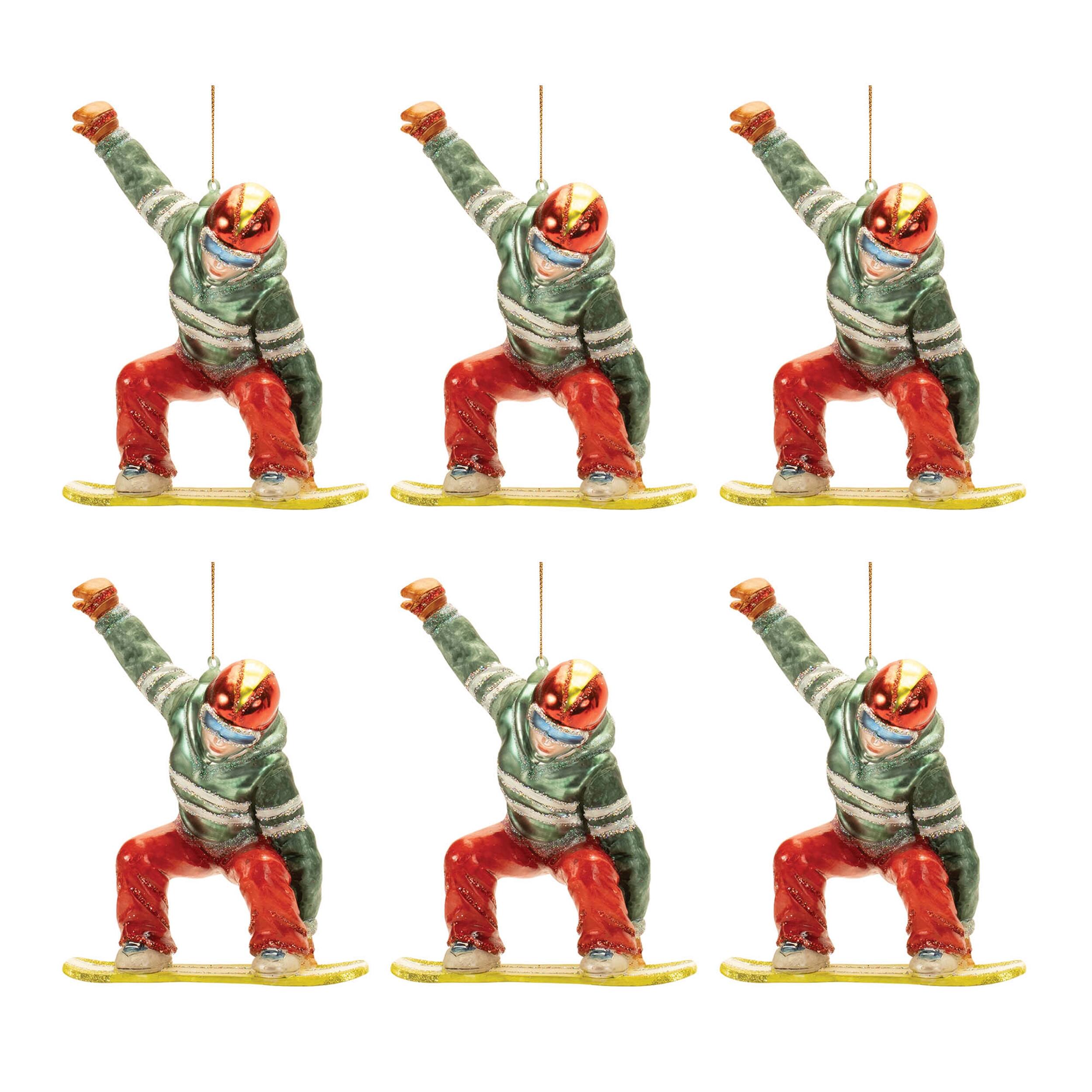 The image shows six identical figurines of a character in a green and red outfit with a helmet, posed with one arm raised. Each figurine is mounted on a yellow base.