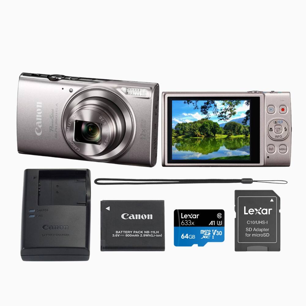 Canon PowerShot ELPH 260 HS  
Canon Lens: 6-7.0 0m  
Canon BATTERY PACK NB-11LH 3.6V 800mAh 2.9Wh (Li-ion)  
Canon BATTERY CHARGER  
Lexar 633x A1 UHS-I microSDXC V30 64GB  
Lexar C10/UHS-I SD Adapter for microSD