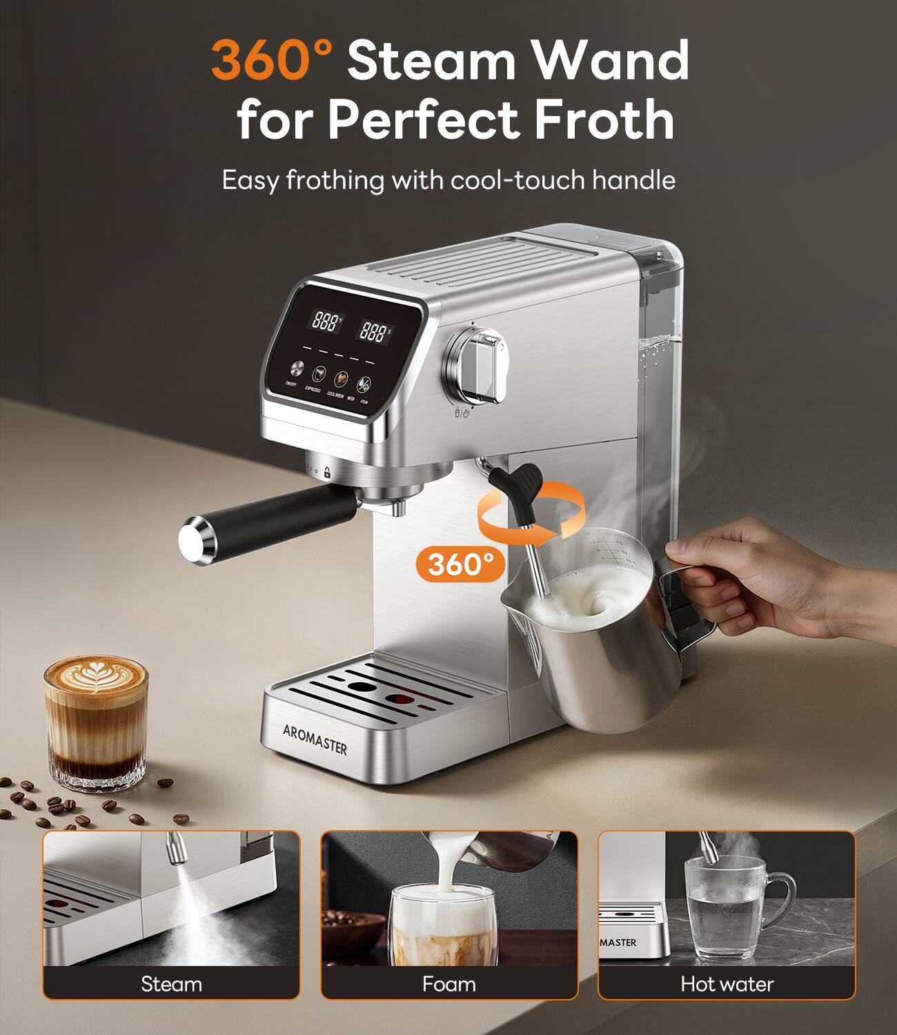 360° Steam Wand for Perfect Froth  
Easy frothing with cool-touch handle  

360°  

Steam  
Foam  
Hot water  

AROMASTER