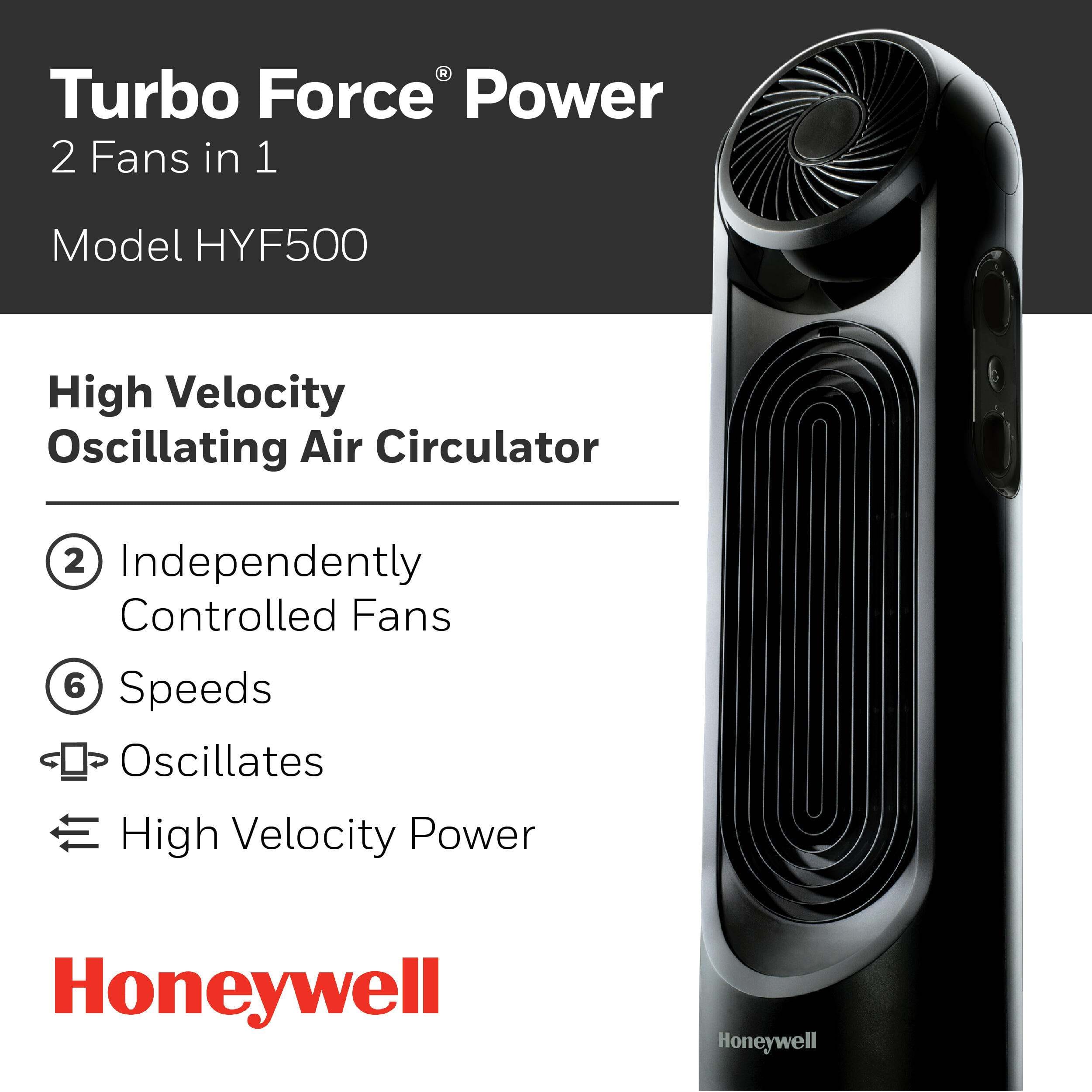 Turbo Force Power 2 Fans in 1 Model HYF500 High Velocity Oscillating Air Circulator 2 Independently Controlled Fans 6 Speeds Oscillates High Velocity Power Honeywell